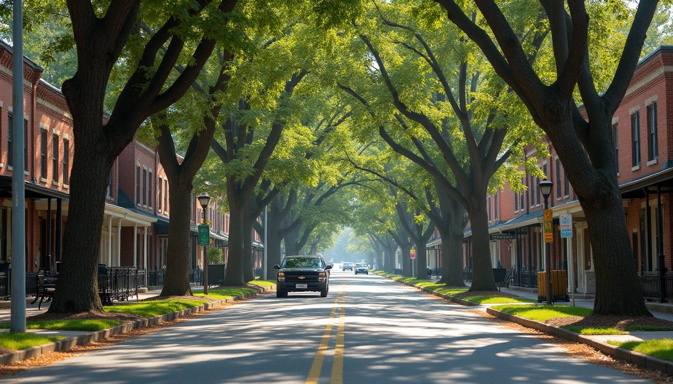 Tree-lined street with older homes and large oaks in the small college town of Due West, South Carolina