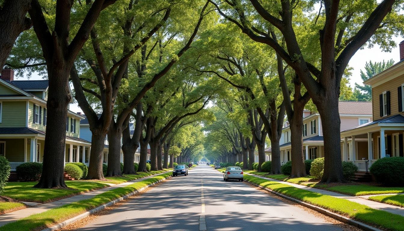 Tall loblolly pines and a spreading oak beside a brick house on a residential lot in Greenwood, South Carolina