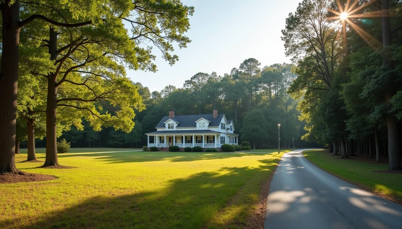 Rural home with a long driveway and tall loblolly pines behind it in the countryside near Hodges, South Carolina