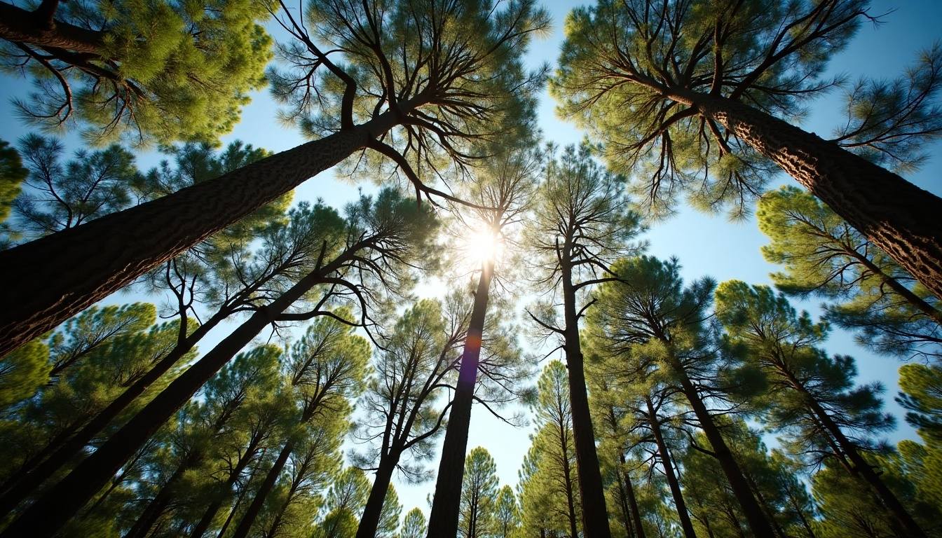 Sunlight through a pine and oak canopy