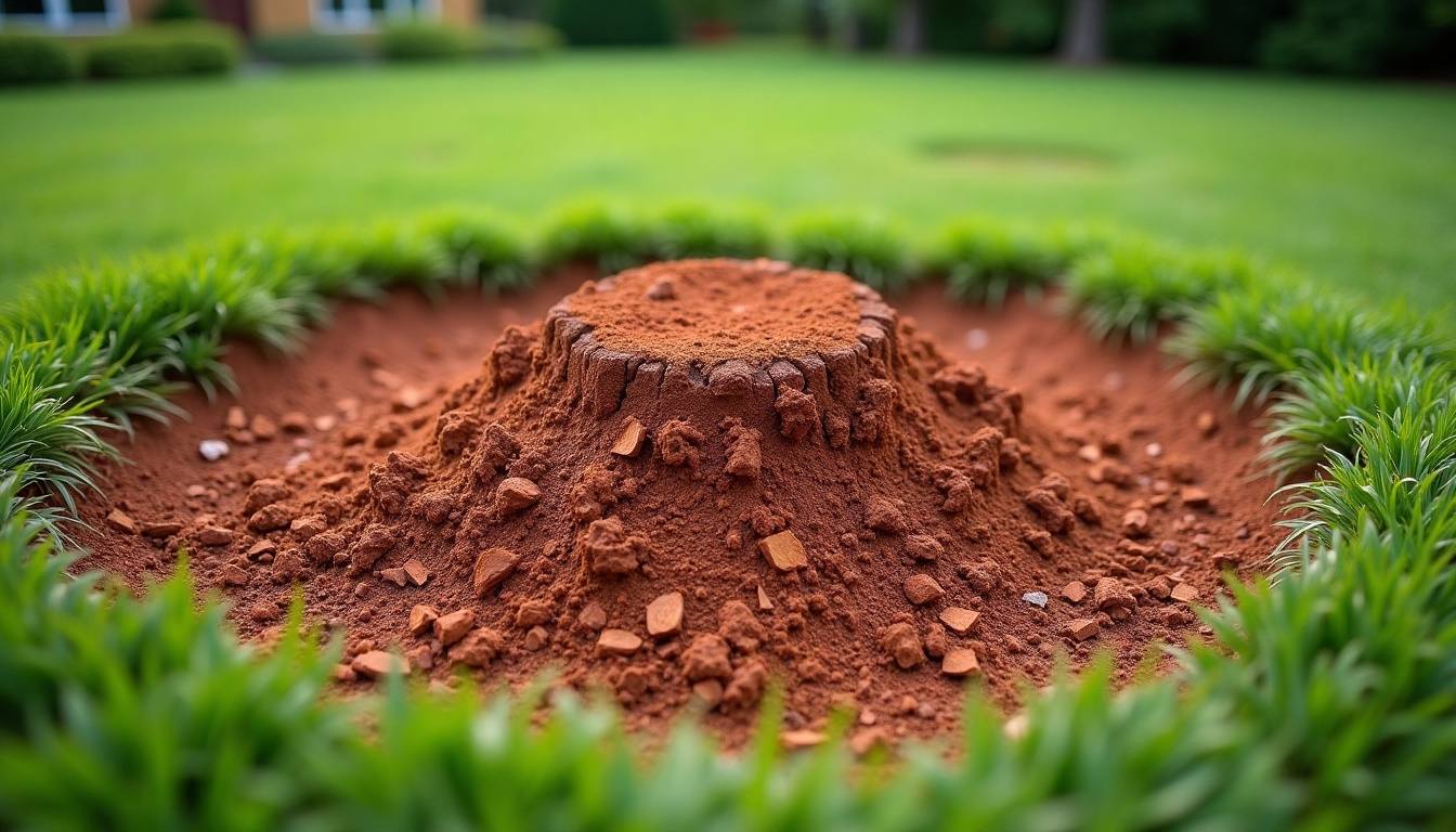 Ground-out stump hole filled with fresh wood chips