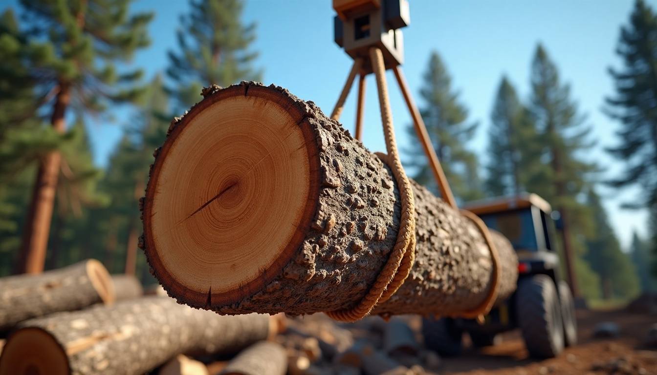 Rigged log section lowered on a rope during a pine removal