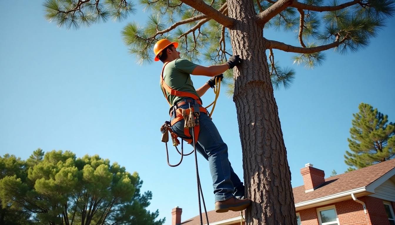 Climber working up a tall pine beside a brick house